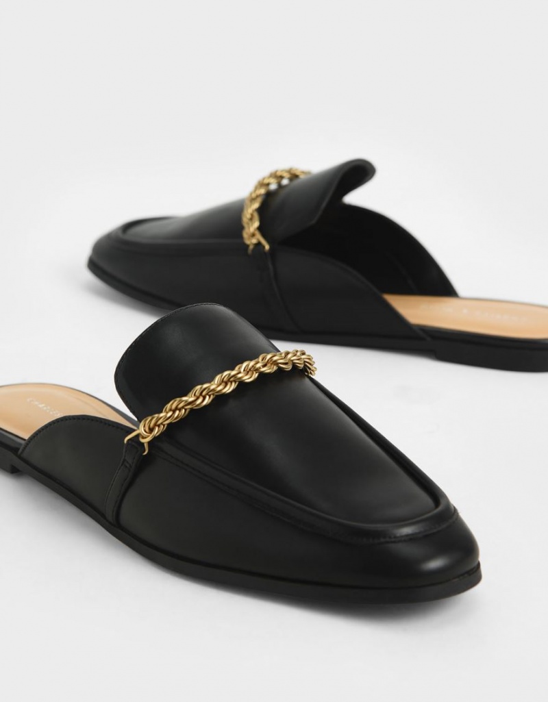 Charles And Keith Metallic Accent Flats Mules Black | PHILIPPINES N341