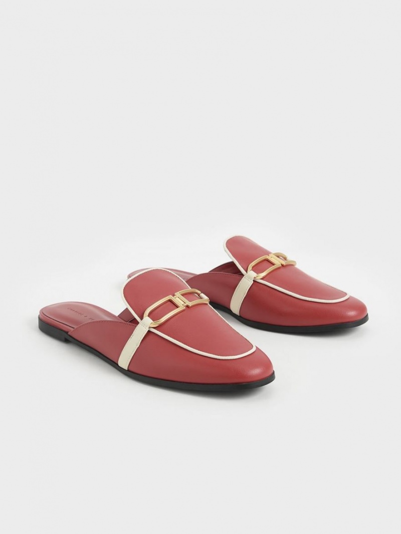 Charles And Keith Metallic Accent Flats Mules Dark Red | PHILIPPINES E742