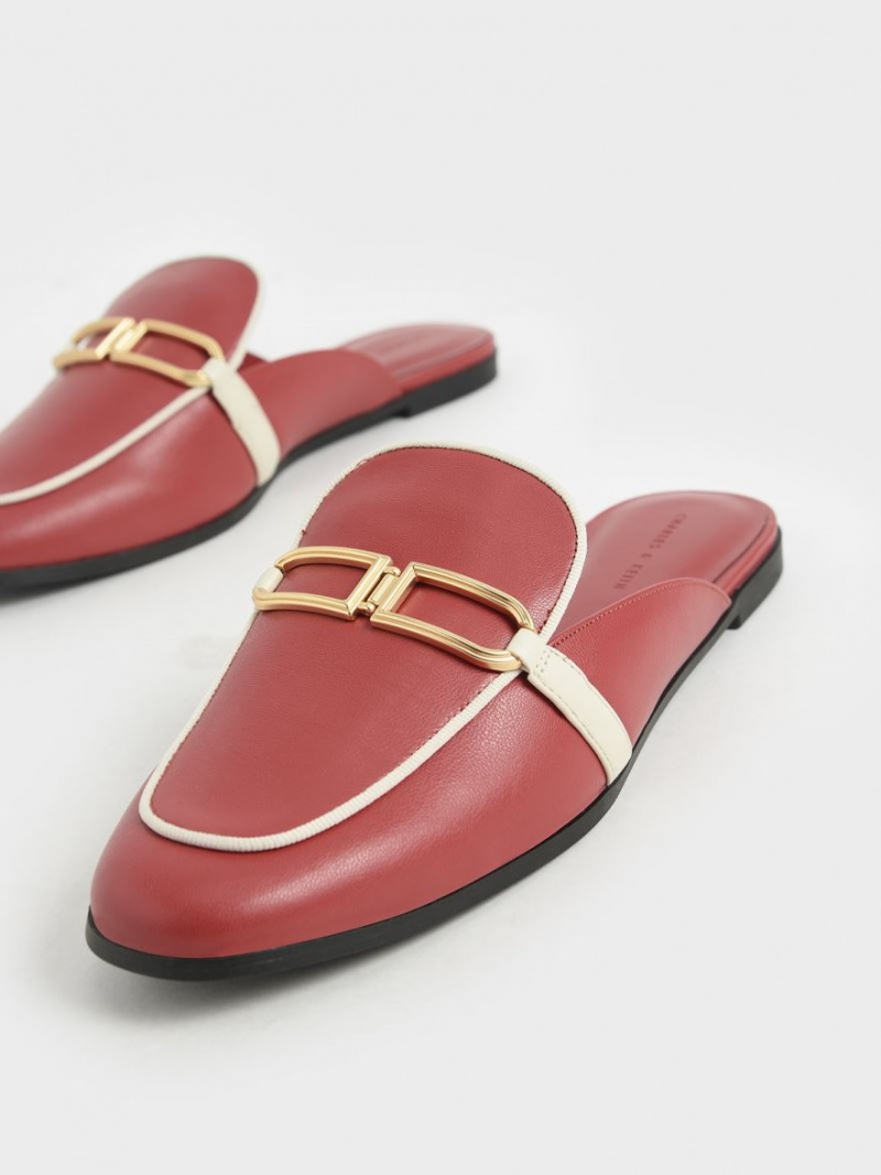 Charles And Keith Metallic Accent Flats Mules Dark Red | PHILIPPINES E742