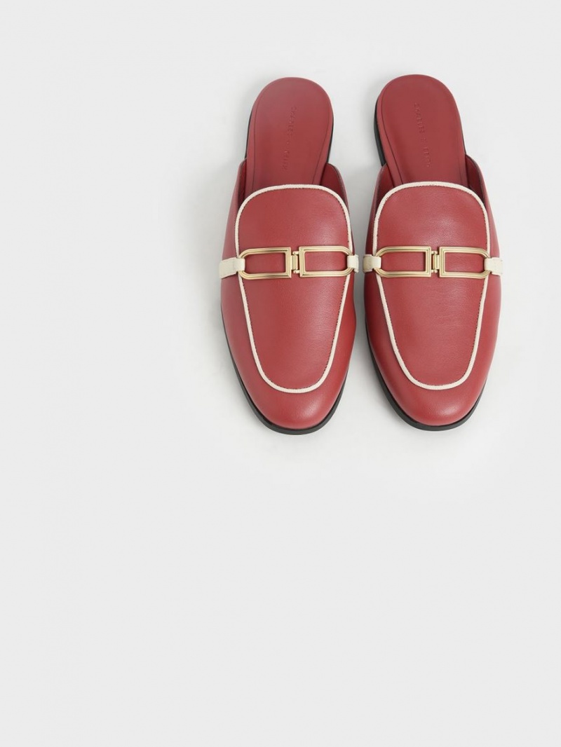 Charles And Keith Metallic Accent Flats Mules Dark Red | PHILIPPINES E742