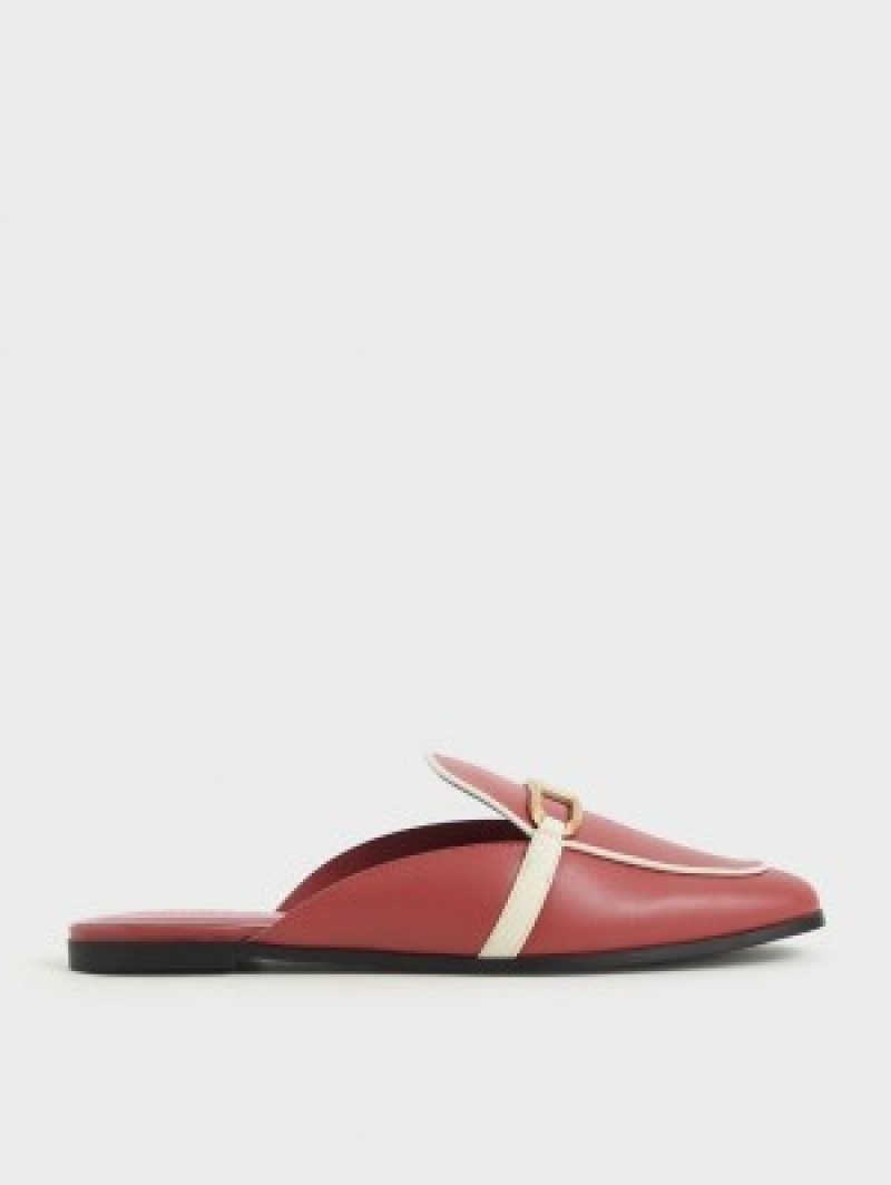 Charles And Keith Metallic Accent Flats Mules Dark Red | PHILIPPINES E742