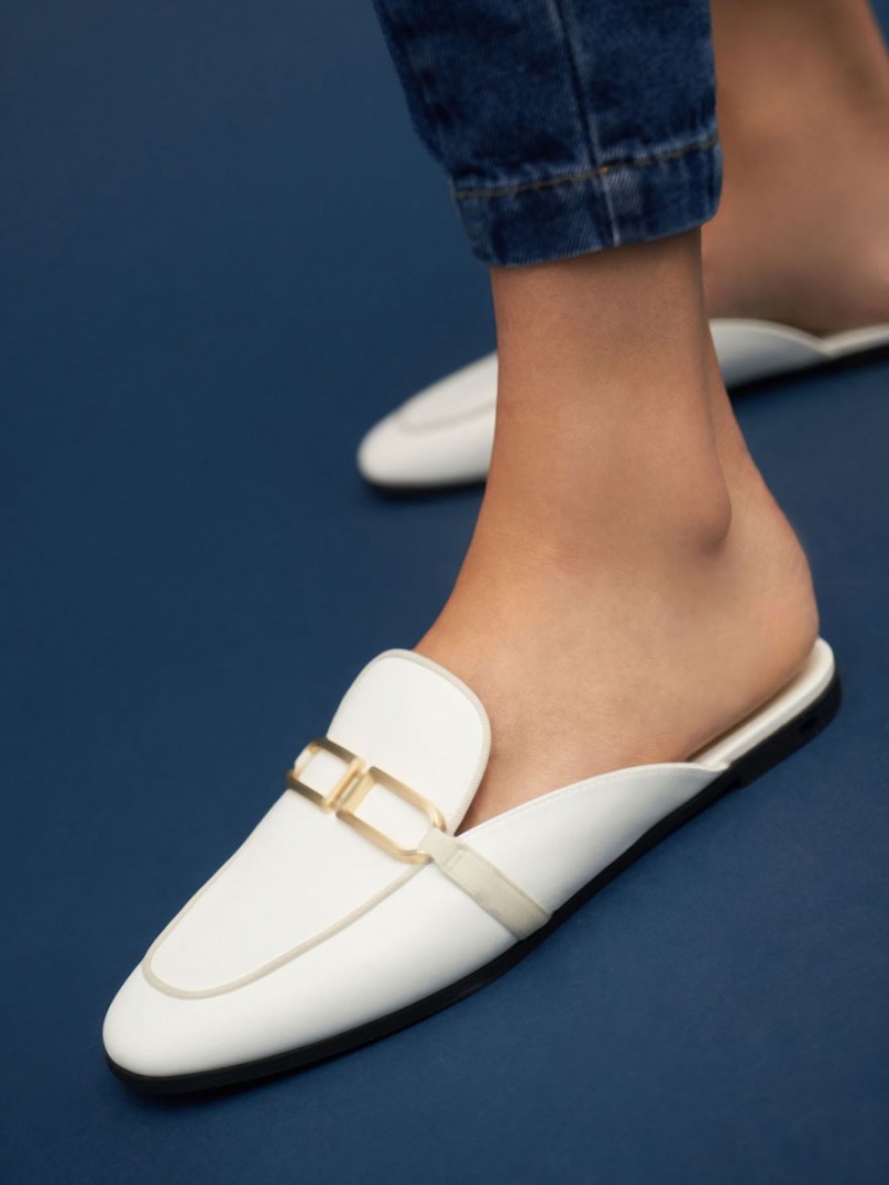 Charles And Keith Metallic Accent Flats Mules White | PHILIPPINES M130