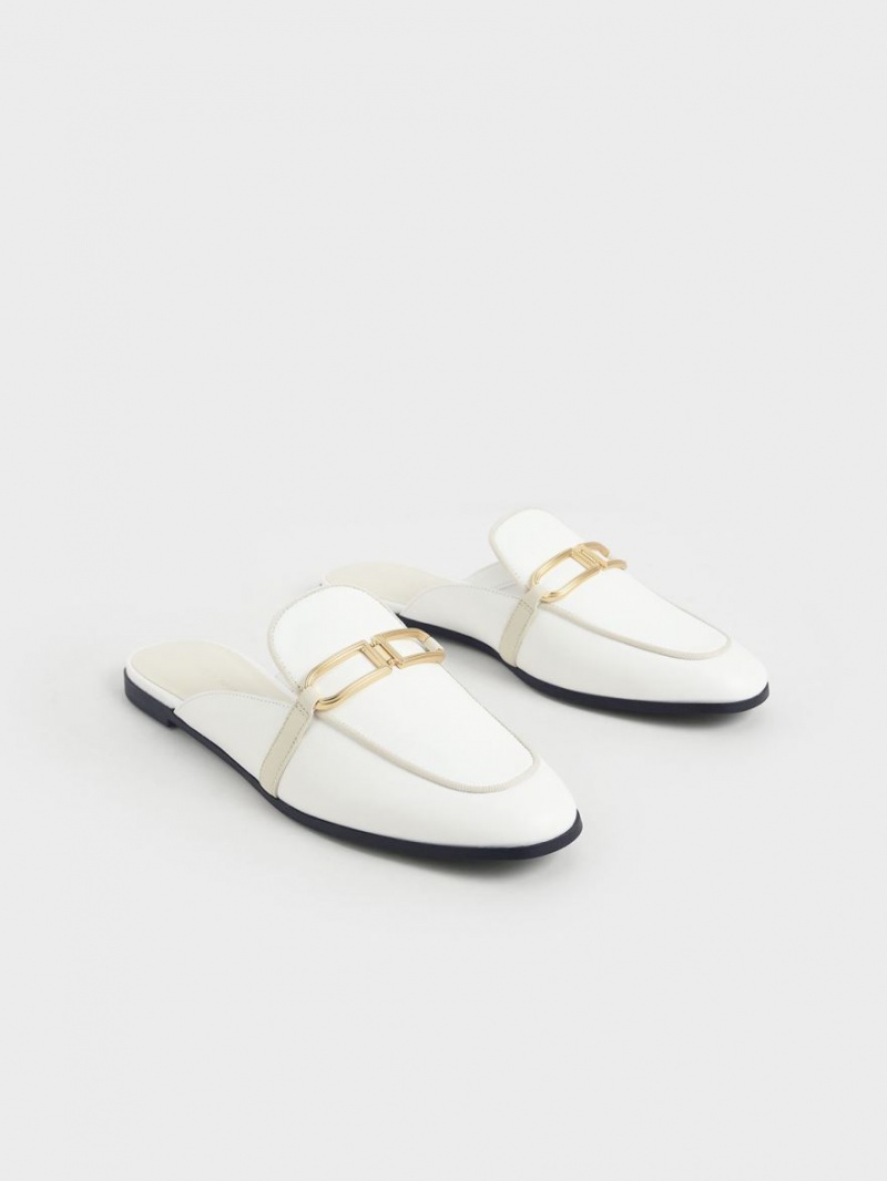 Charles And Keith Metallic Accent Flats Mules White | PHILIPPINES M130