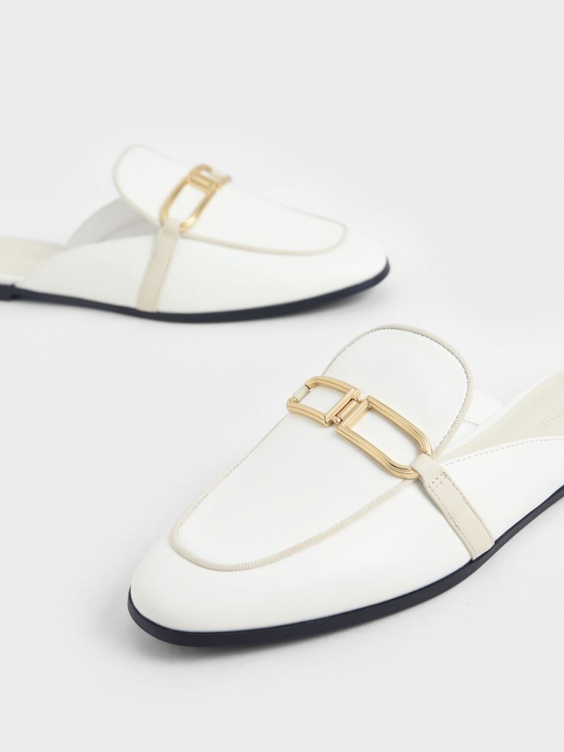 Charles And Keith Metallic Accent Flats Mules White | PHILIPPINES M130