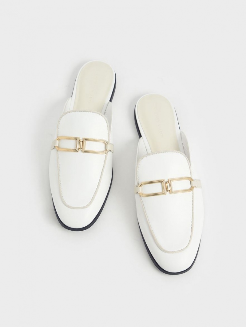 Charles And Keith Metallic Accent Flats Mules White | PHILIPPINES M130