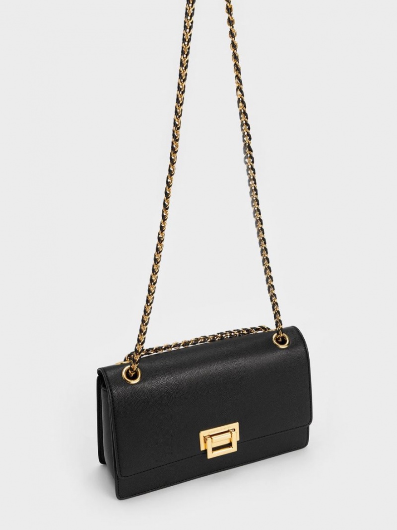 Charles And Keith Metallic Accent Front Flap Shoulder Bags Black | PHILIPPINES T087