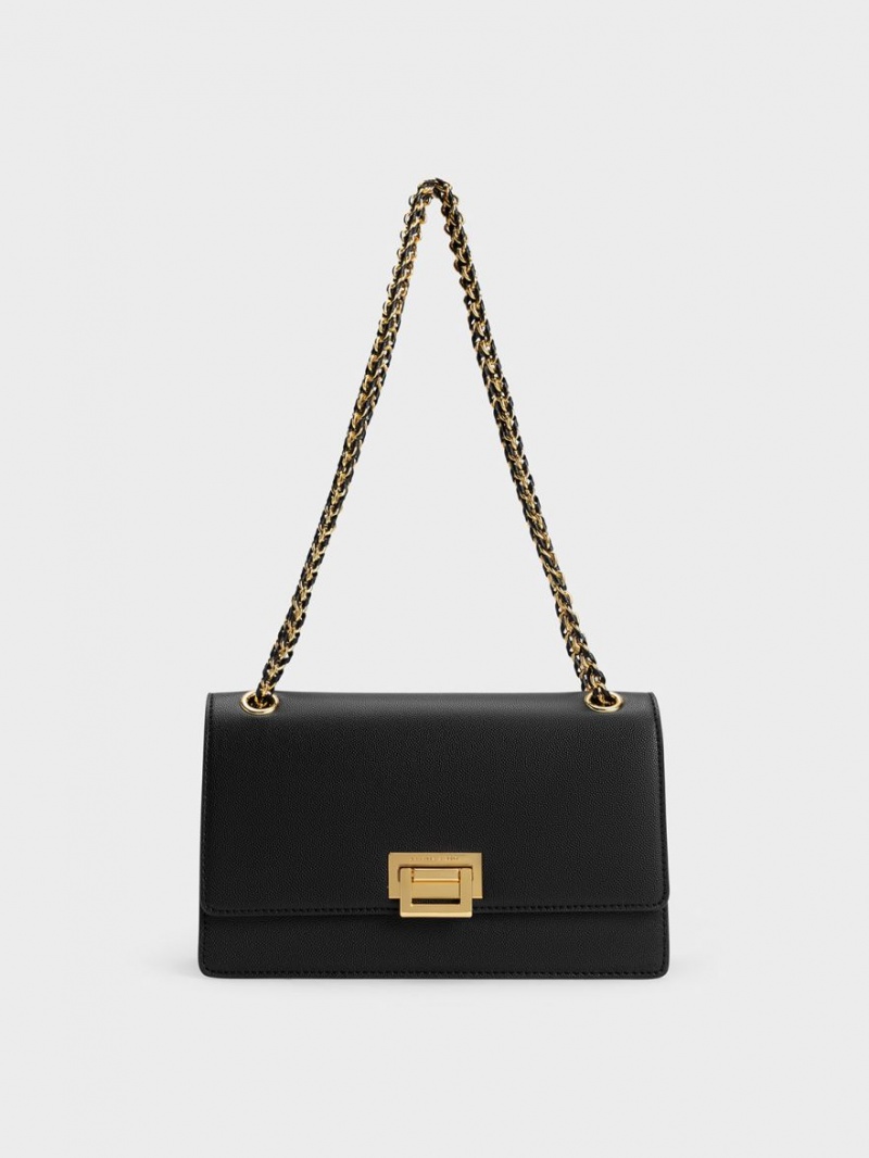 Charles And Keith Metallic Accent Front Flap Shoulder Bags Black | PHILIPPINES T087