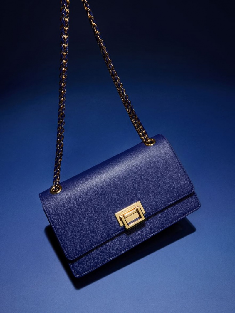 Charles And Keith Metallic Accent Front Flap Shoulder Bags Navy | PHILIPPINES J248