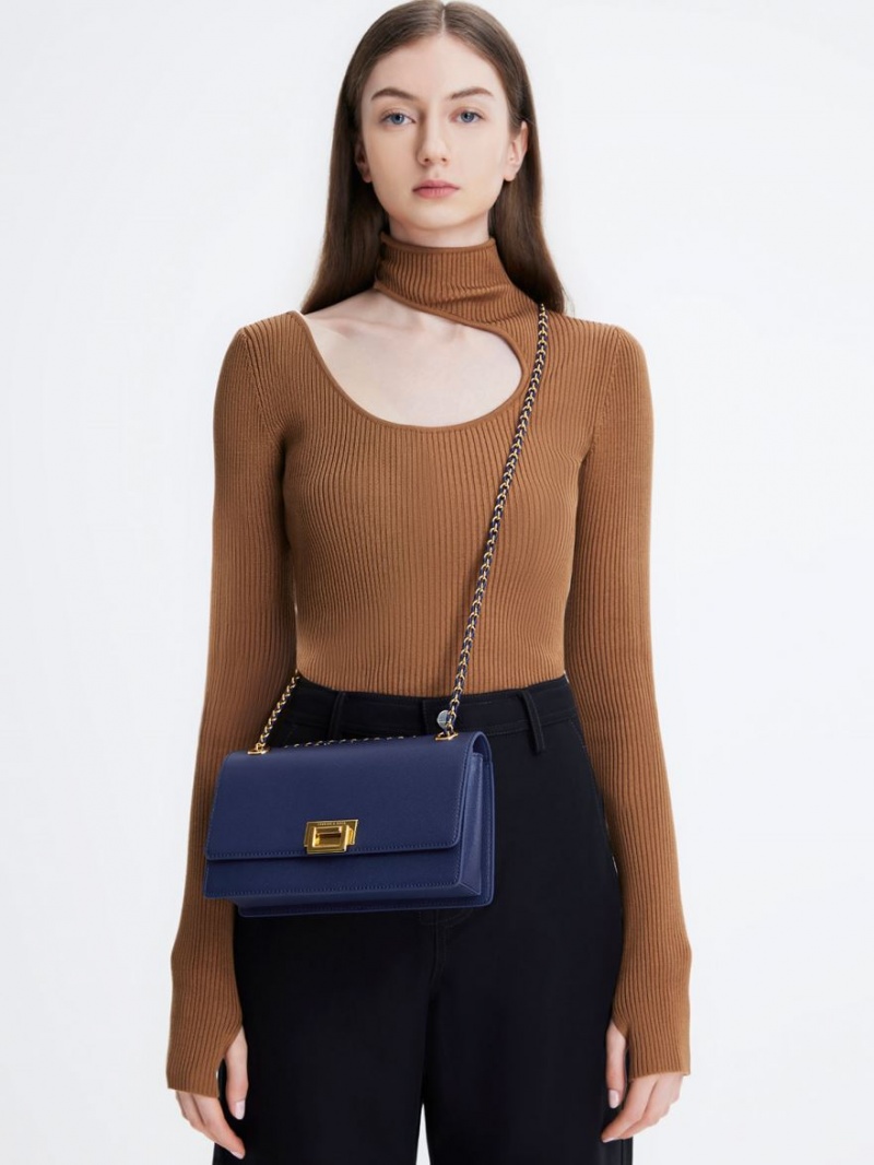 Charles And Keith Metallic Accent Front Flap Shoulder Bags Navy | PHILIPPINES J248