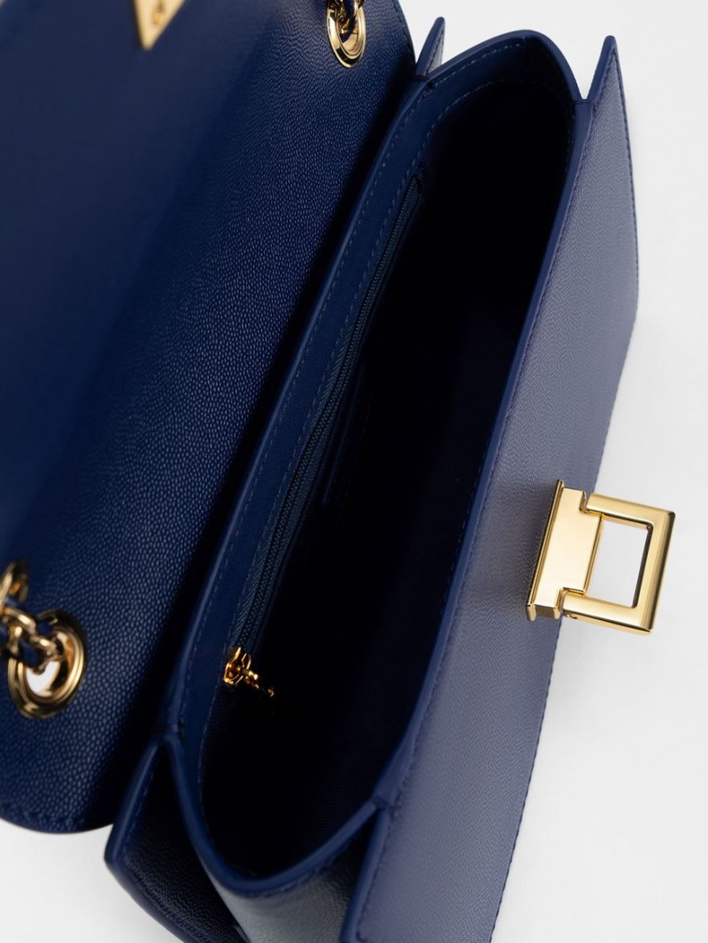 Charles And Keith Metallic Accent Front Flap Shoulder Bags Navy | PHILIPPINES J248