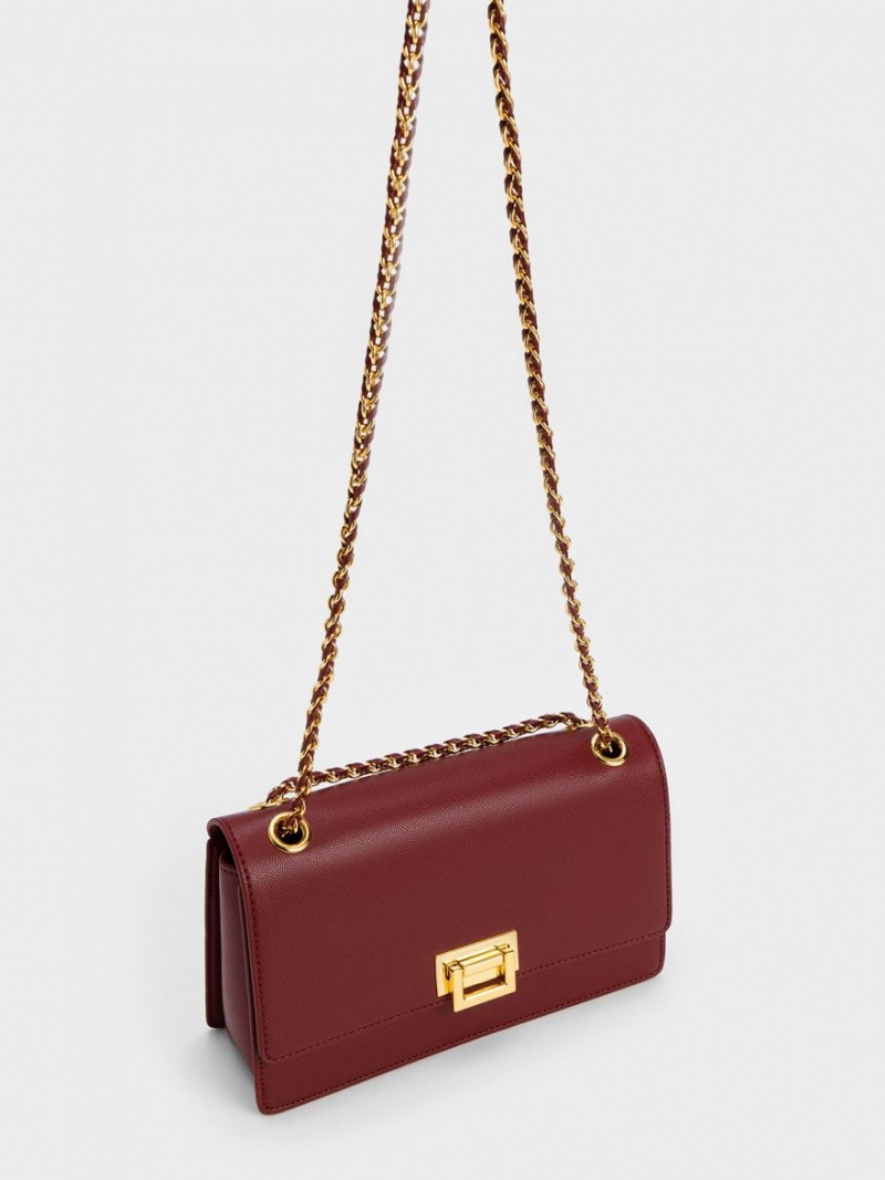 Charles And Keith Metallic Accent Front Flap Shoulder Bags Burgundy | PHILIPPINES B851