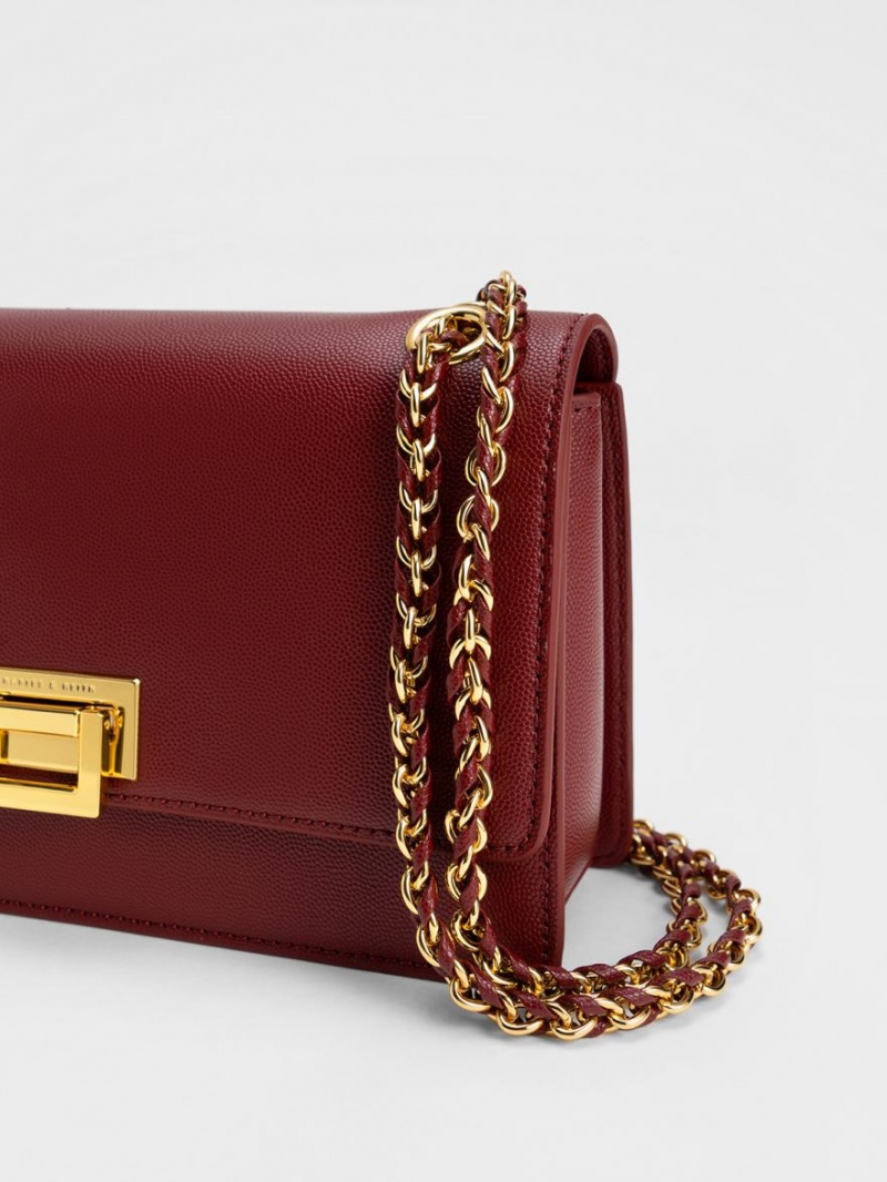 Charles And Keith Metallic Accent Front Flap Shoulder Bags Burgundy | PHILIPPINES B851