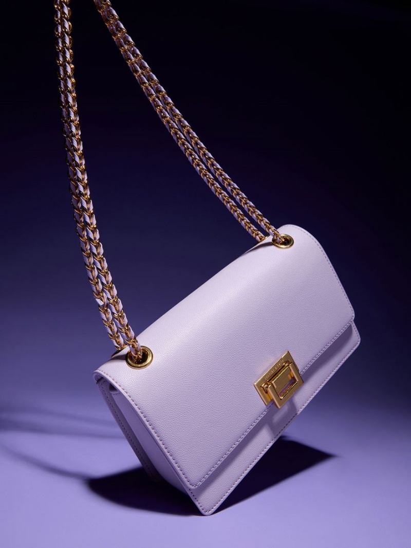 Charles And Keith Metallic Accent Front Flap Shoulder Bags Purple | PHILIPPINES V697