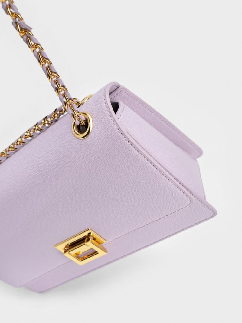 Charles And Keith Metallic Accent Front Flap Shoulder Bags Purple | PHILIPPINES V697