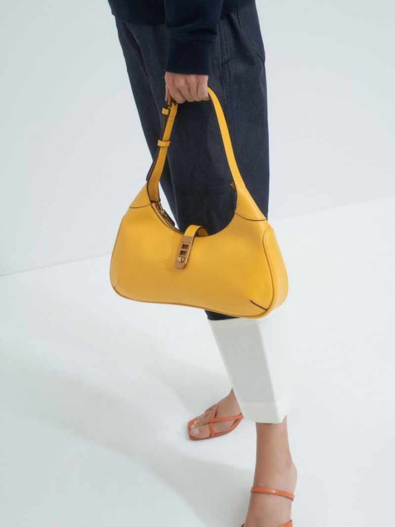 Charles And Keith Metallic Accent Hobo Bag Yellow | PHILIPPINES O652