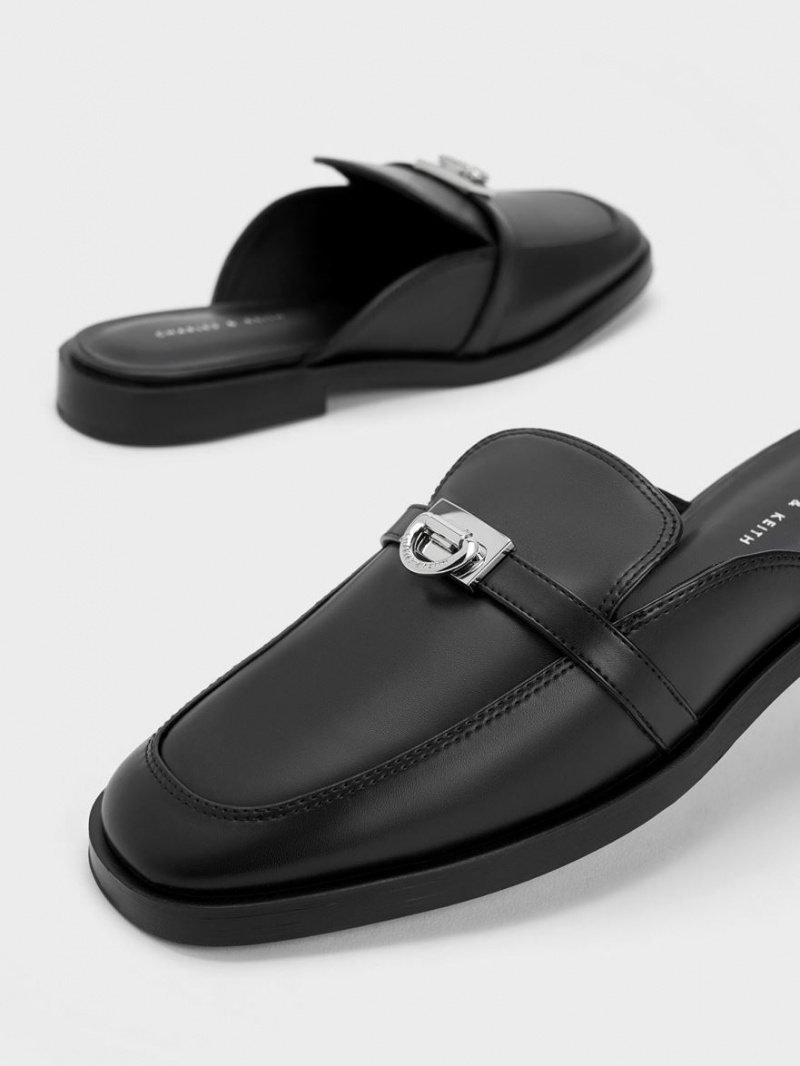 Charles And Keith Metallic Accent Loafer Mules Black | PHILIPPINES A016