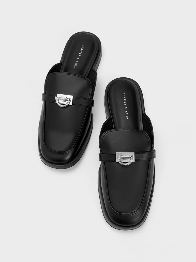 Charles And Keith Metallic Accent Loafer Mules Black | PHILIPPINES A016