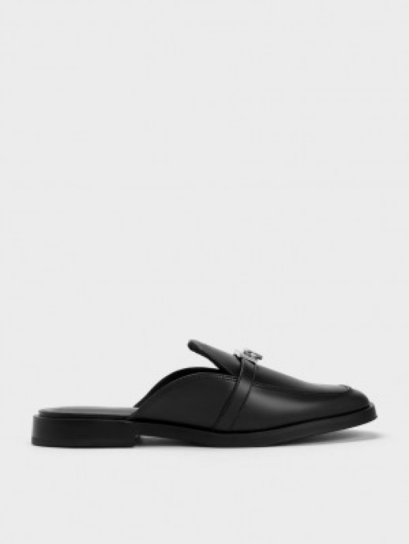 Charles And Keith Metallic Accent Loafer Mules Black | PHILIPPINES A016