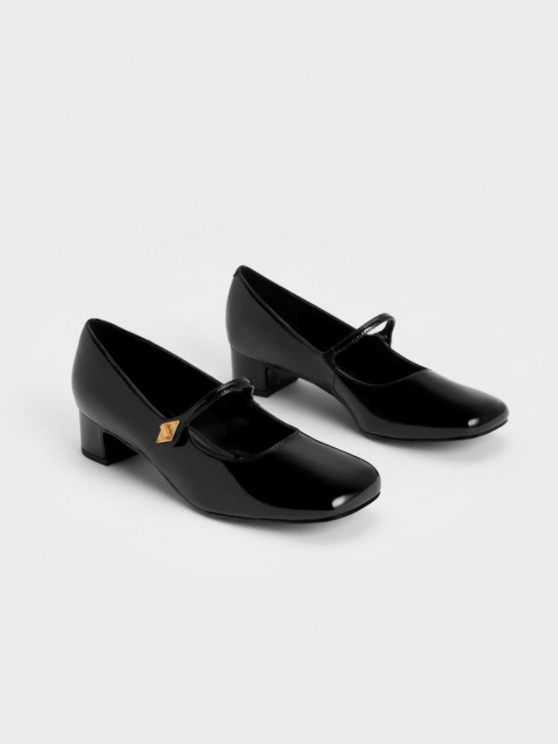 Charles And Keith Metallic Accent Mary Jane Pumps Black | PHILIPPINES R416