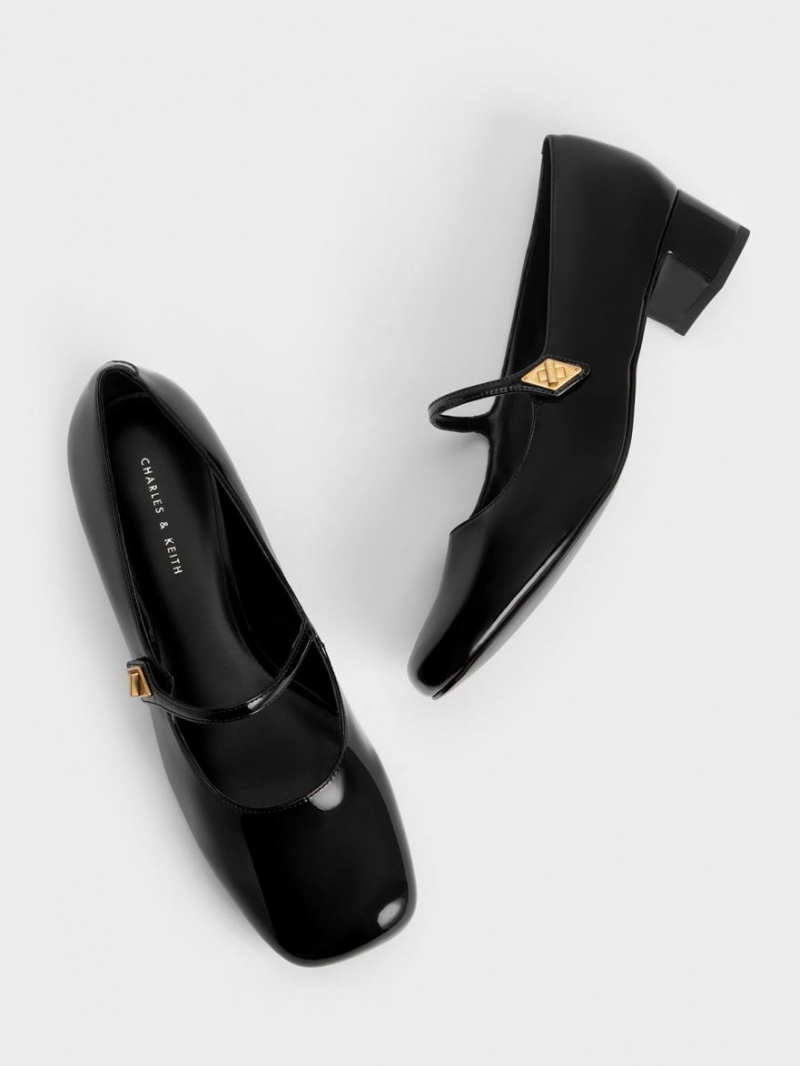 Charles And Keith Metallic Accent Mary Jane Pumps Black | PHILIPPINES R416