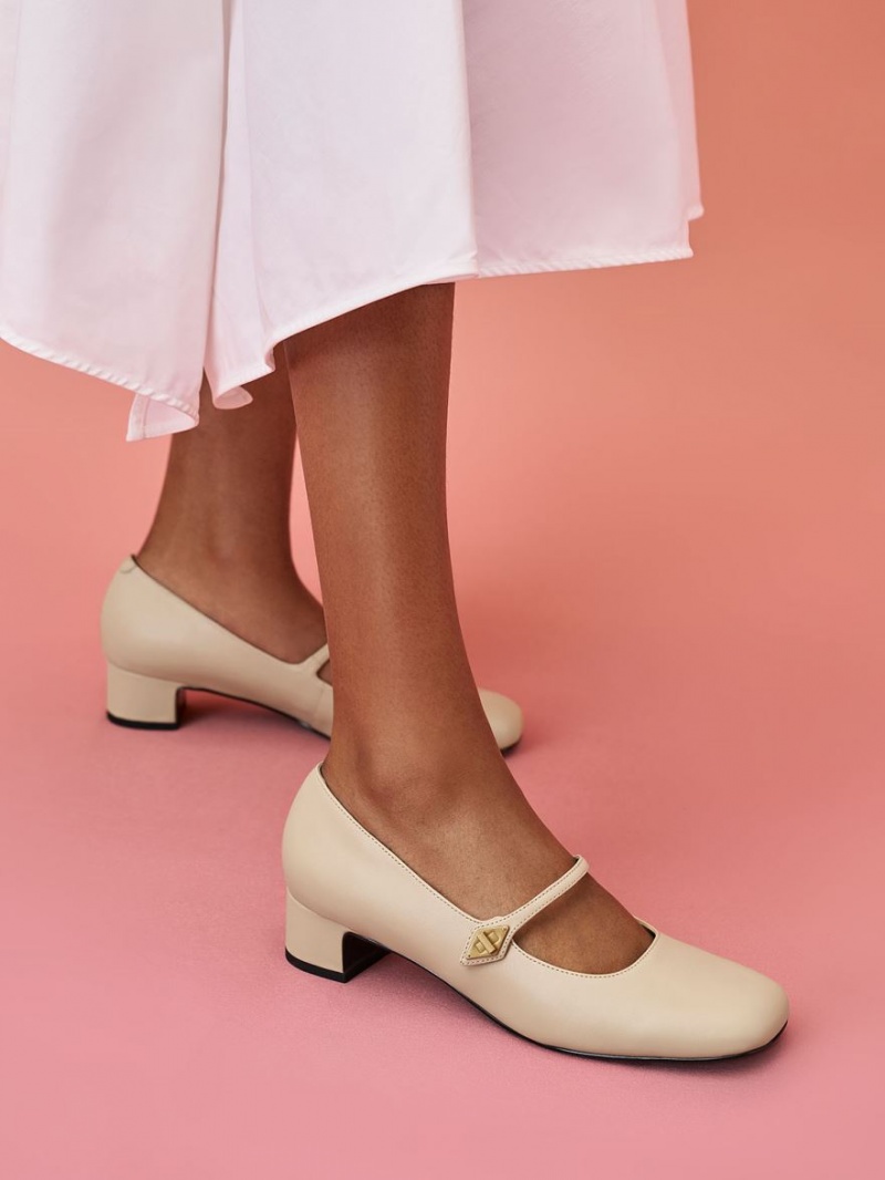 Charles And Keith Metallic Accent Mary Jane Pumps Beige | PHILIPPINES L198