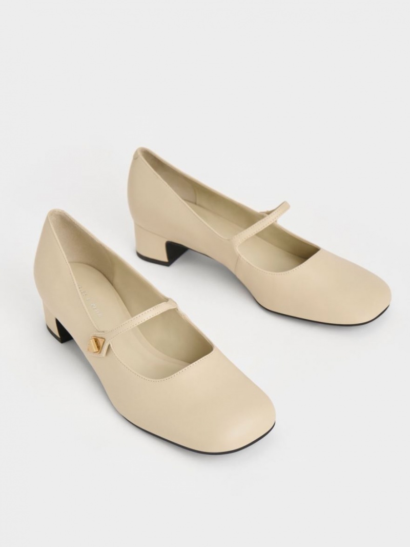 Charles And Keith Metallic Accent Mary Jane Pumps Beige | PHILIPPINES L198