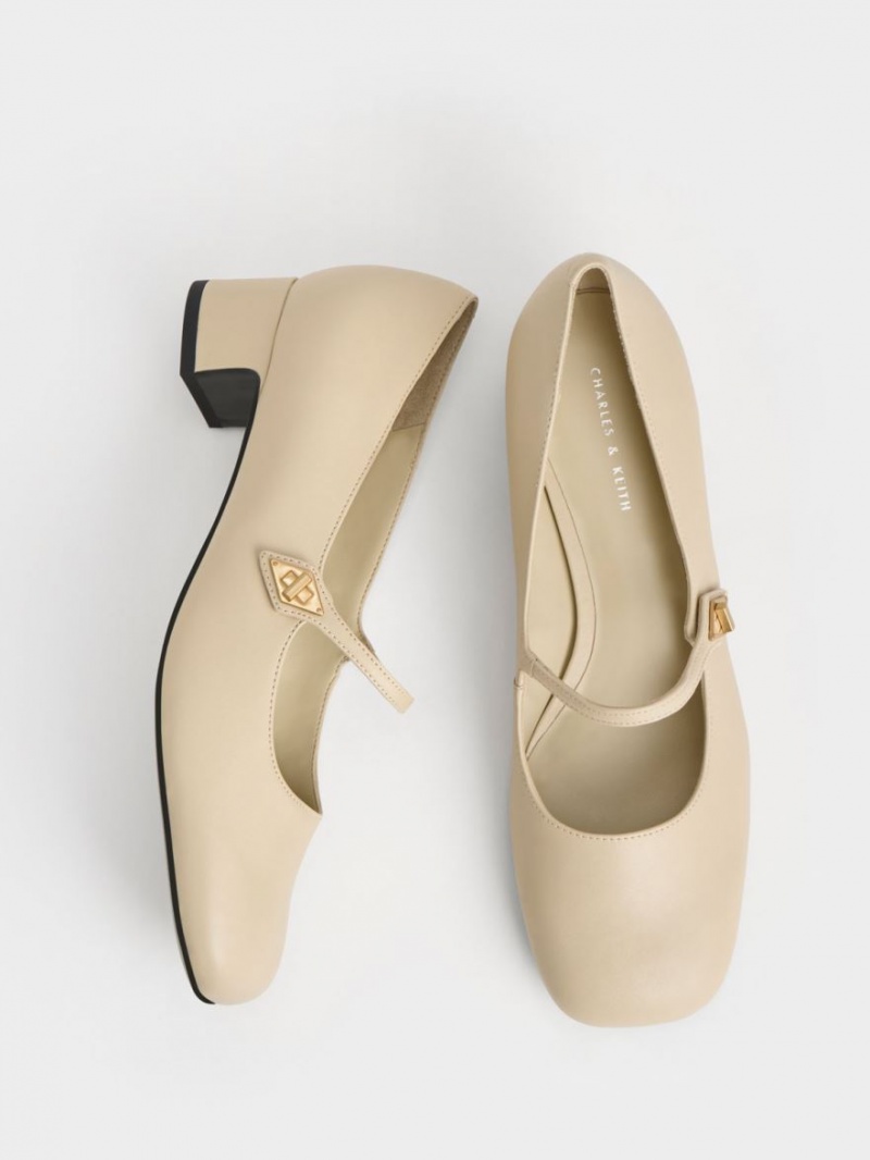 Charles And Keith Metallic Accent Mary Jane Pumps Beige | PHILIPPINES L198