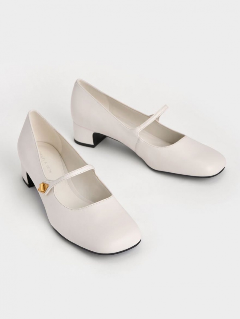 Charles And Keith Metallic Accent Mary Jane Pumps White | PHILIPPINES C581