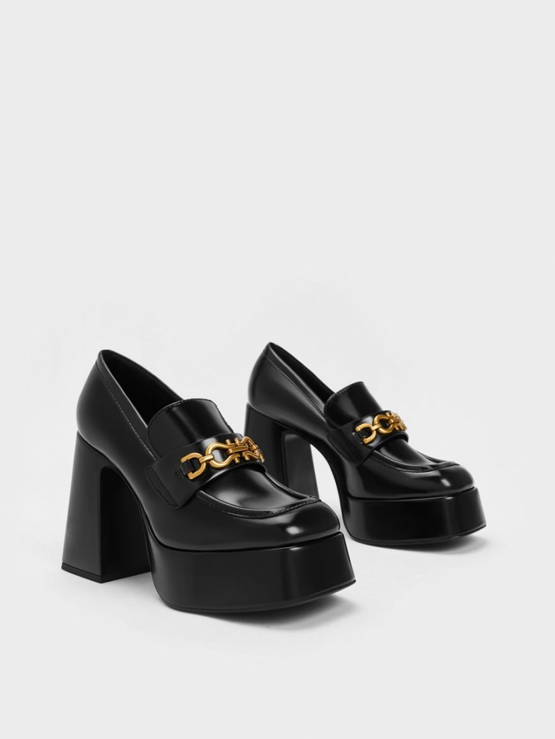 Charles And Keith Metallic Accent Platform Loafers Black | PHILIPPINES X465