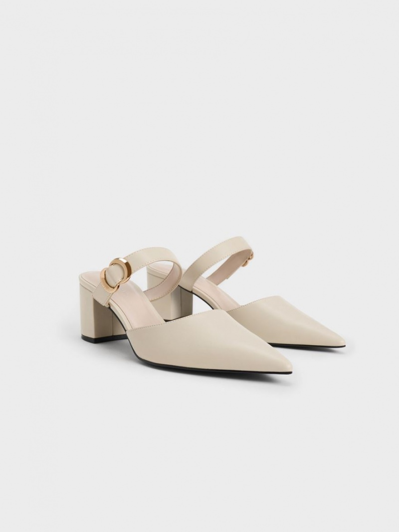 Charles And Keith Metallic Accent Pointed-Toe Pumps Cream | PHILIPPINES Y671