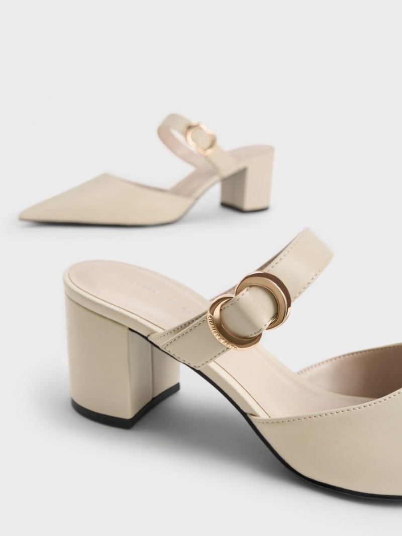 Charles And Keith Metallic Accent Pointed-Toe Pumps Cream | PHILIPPINES Y671