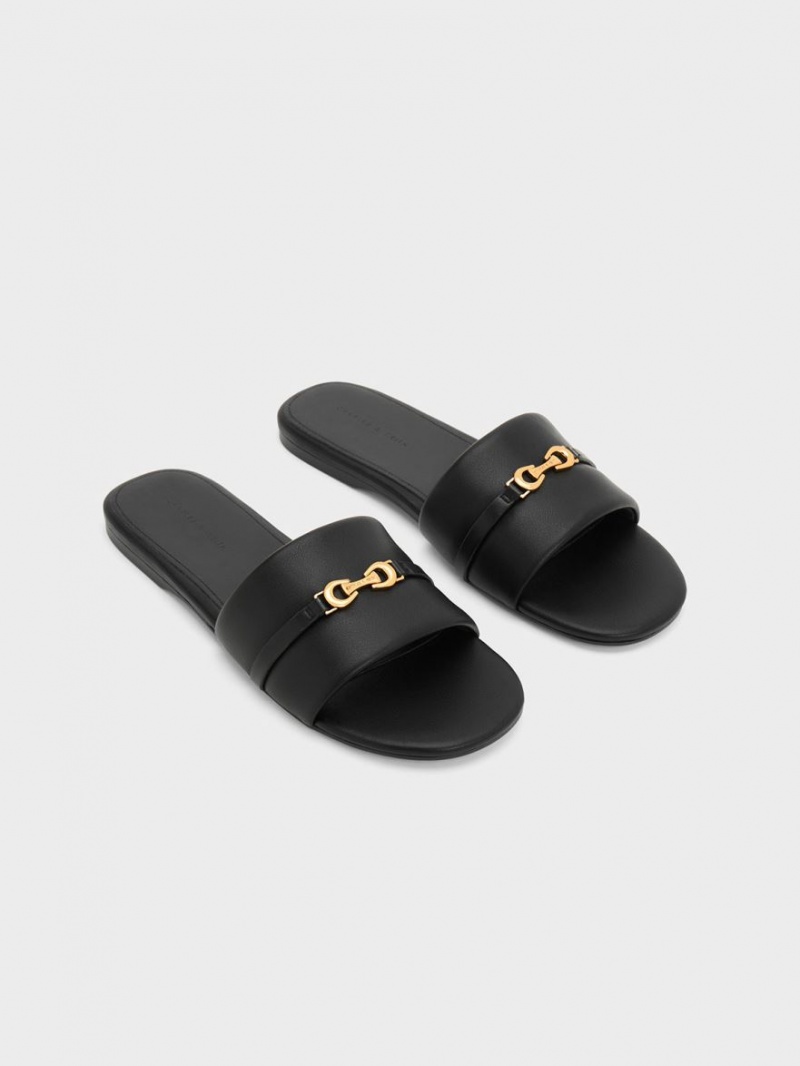 Charles And Keith Metallic Accent Round-Toe Slide Sandals Black | PHILIPPINES J930