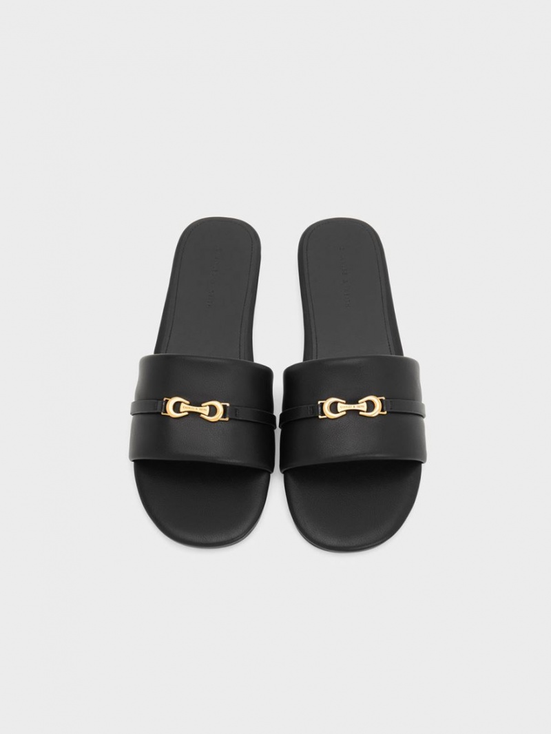 Charles And Keith Metallic Accent Round-Toe Slide Sandals Black | PHILIPPINES J930