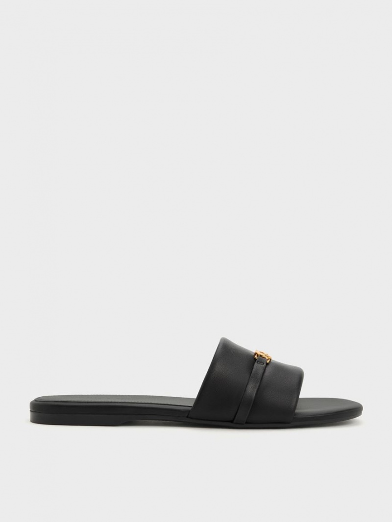 Charles And Keith Metallic Accent Round-Toe Slide Sandals Black | PHILIPPINES J930