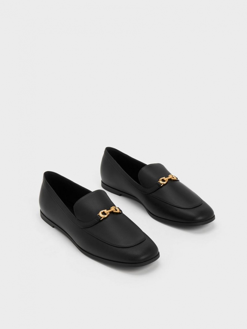 Charles And Keith Metallic Accent Round-Toe Loafers Black | PHILIPPINES Q041