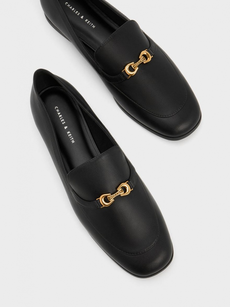 Charles And Keith Metallic Accent Round-Toe Loafers Black | PHILIPPINES Q041