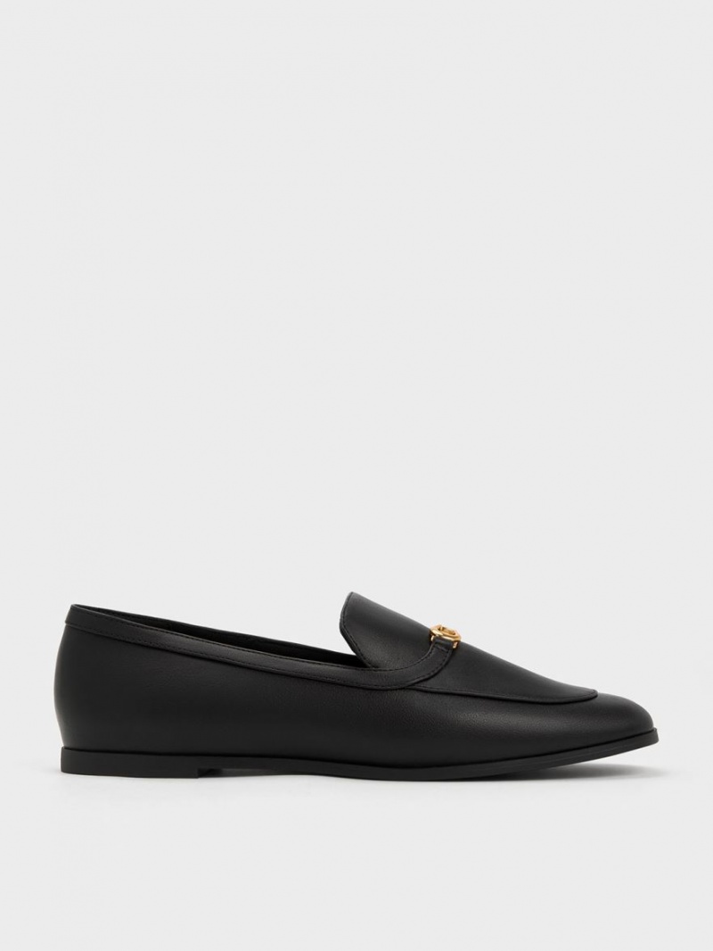 Charles And Keith Metallic Accent Round-Toe Loafers Black | PHILIPPINES Q041