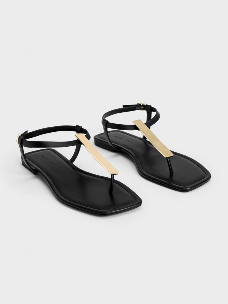 Charles And Keith Metallic Accent T-Bar Thong Flat Sandals Black | PHILIPPINES S763