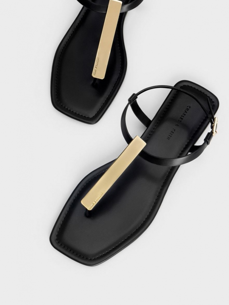 Charles And Keith Metallic Accent T-Bar Thong Flat Sandals Black | PHILIPPINES S763