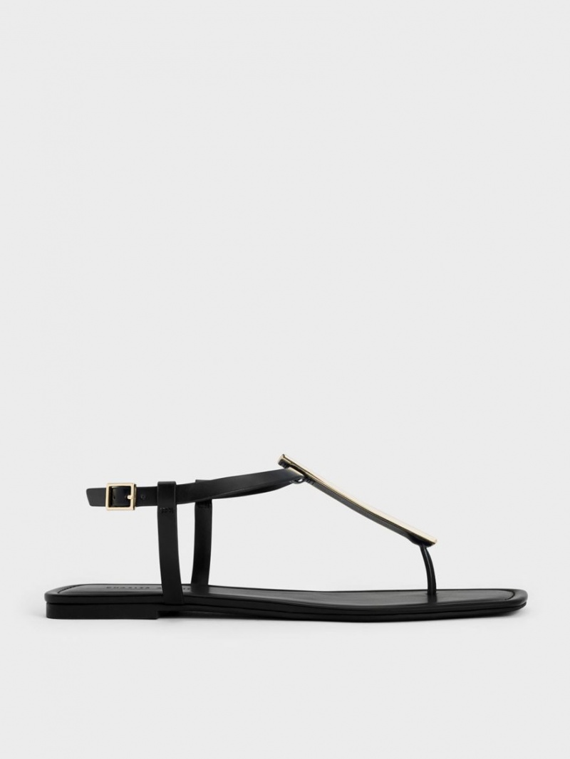 Charles And Keith Metallic Accent T-Bar Thong Flat Sandals Black | PHILIPPINES S763