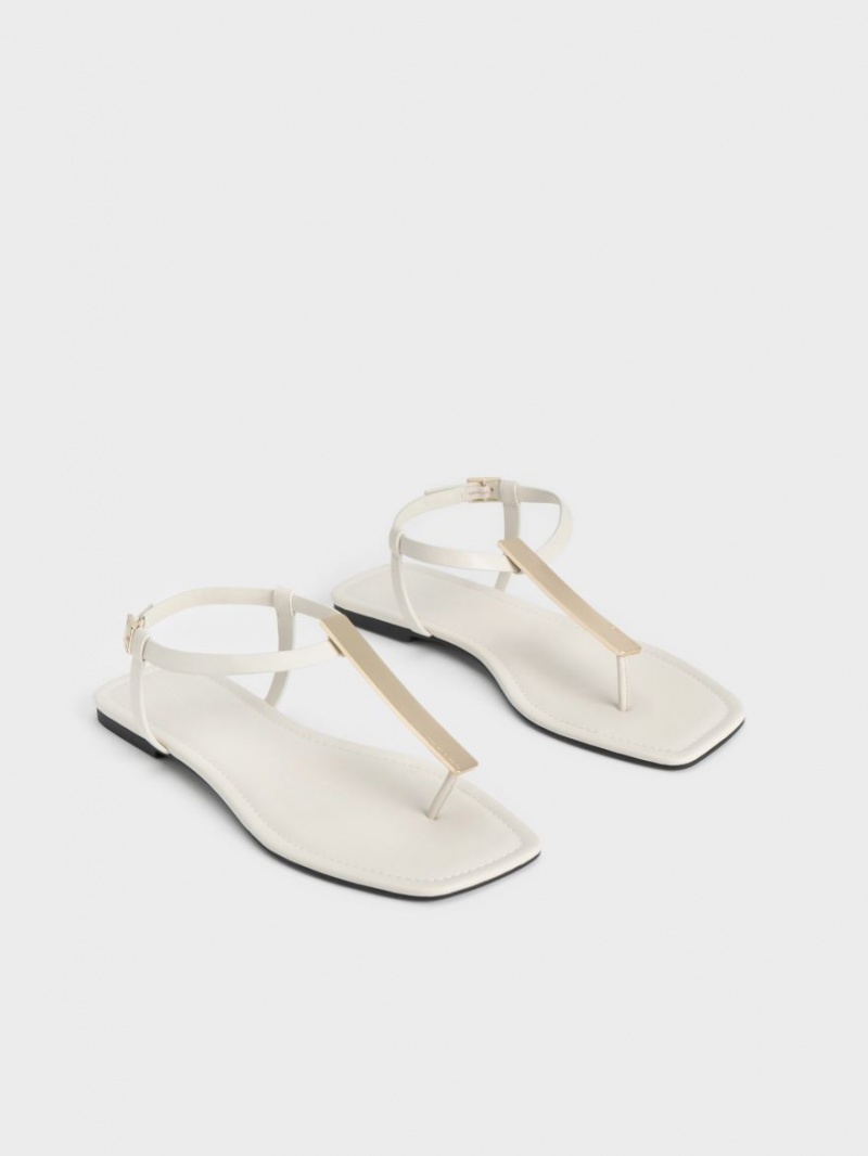 Charles And Keith Metallic Accent T-Bar Thong Flat Sandals White | PHILIPPINES T128