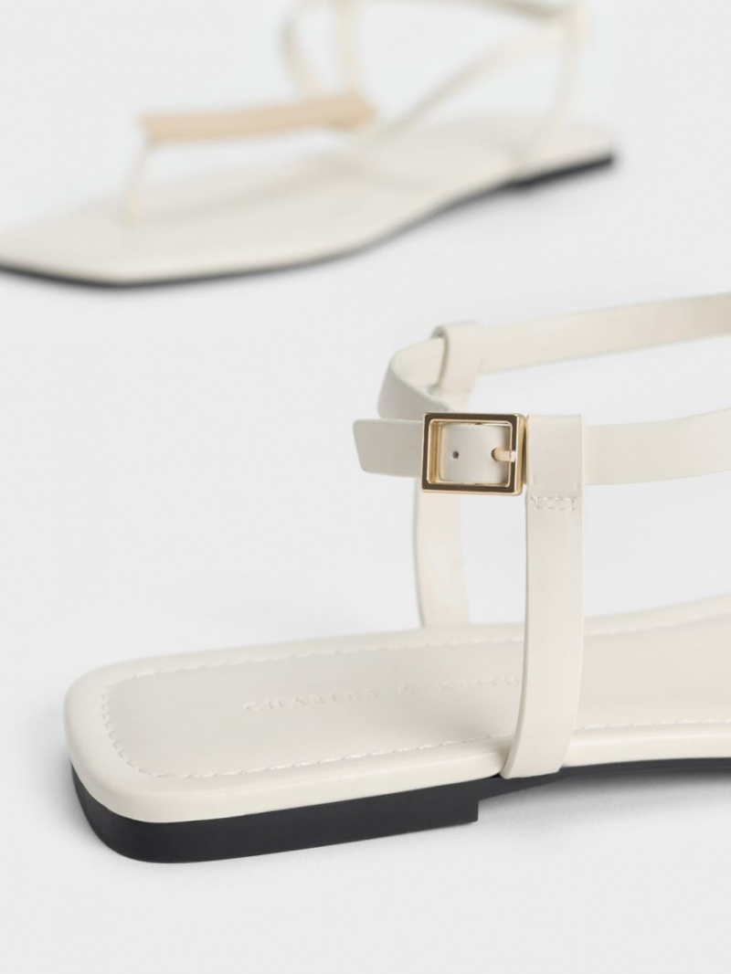 Charles And Keith Metallic Accent T-Bar Thong Flat Sandals White | PHILIPPINES T128