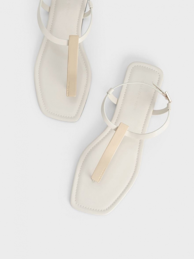 Charles And Keith Metallic Accent T-Bar Thong Flat Sandals White | PHILIPPINES T128