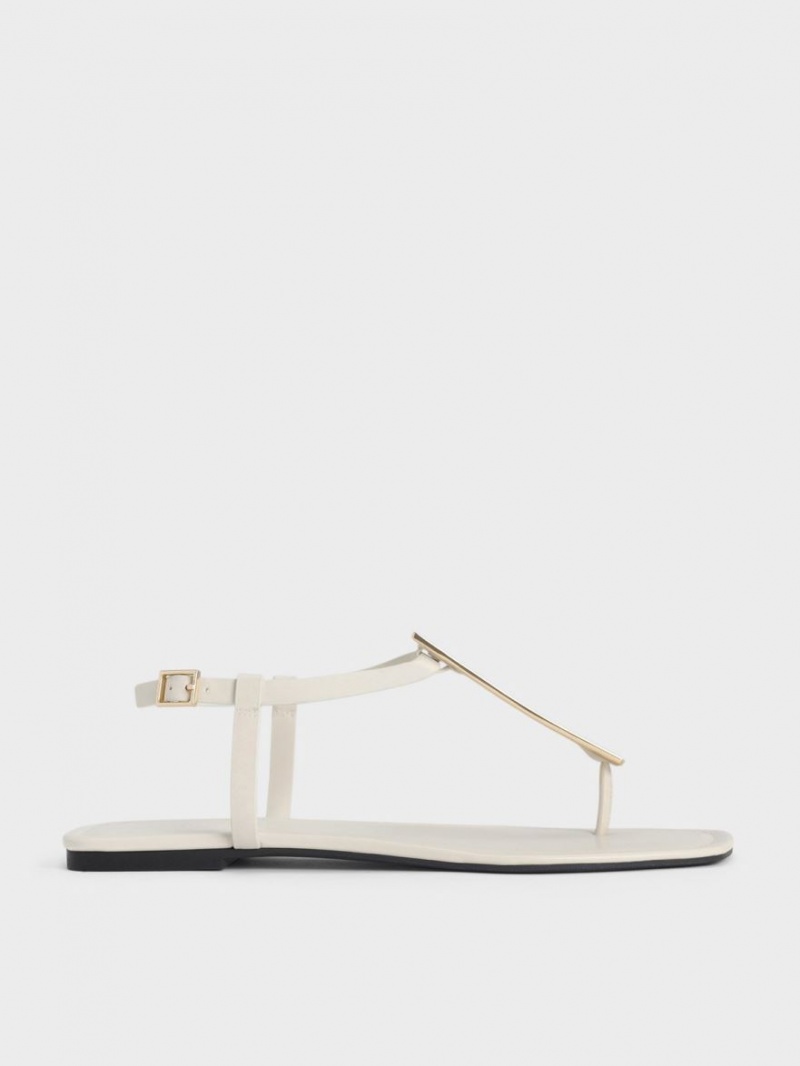 Charles And Keith Metallic Accent T-Bar Thong Flat Sandals White | PHILIPPINES T128