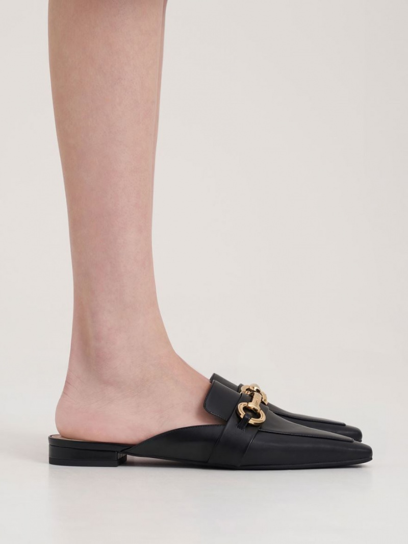 Charles And Keith Metallic Accent Tapered Flat Mules Black | PHILIPPINES B269