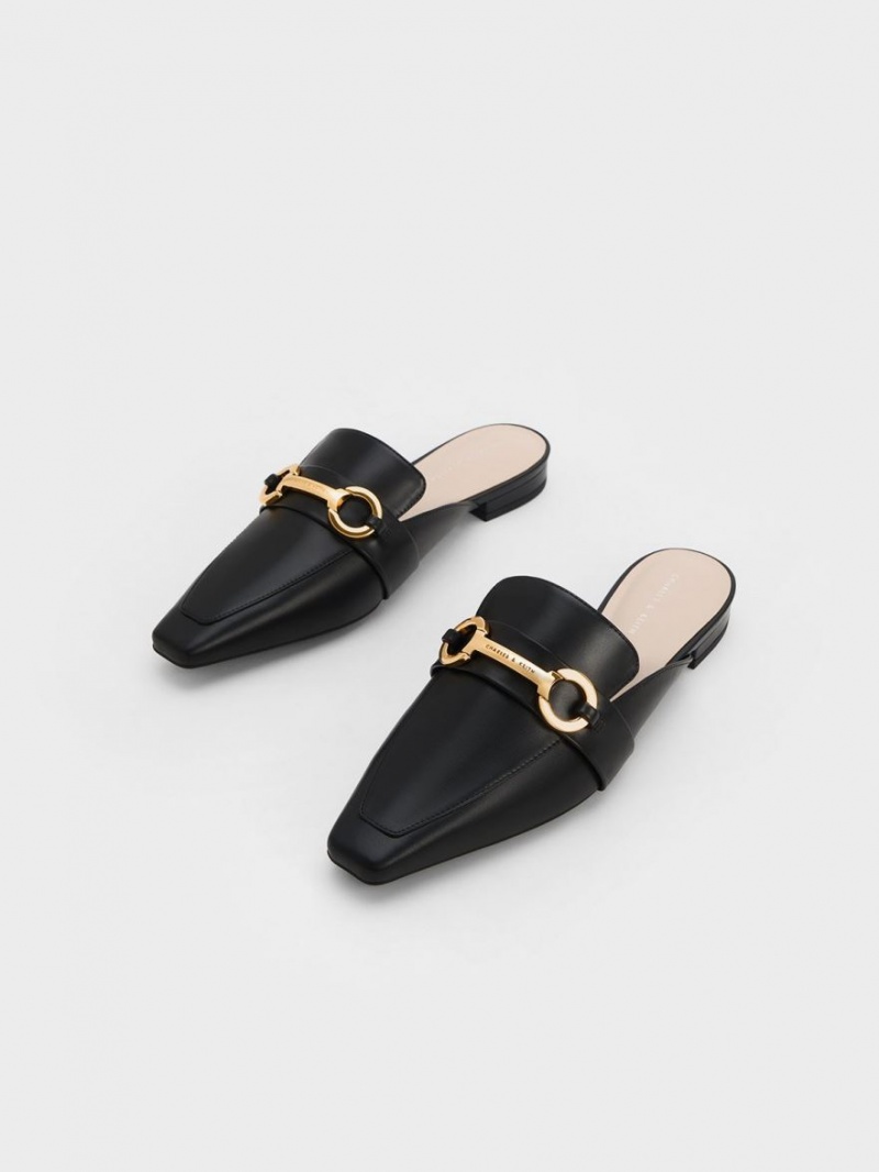 Charles And Keith Metallic Accent Tapered Flat Mules Black | PHILIPPINES B269