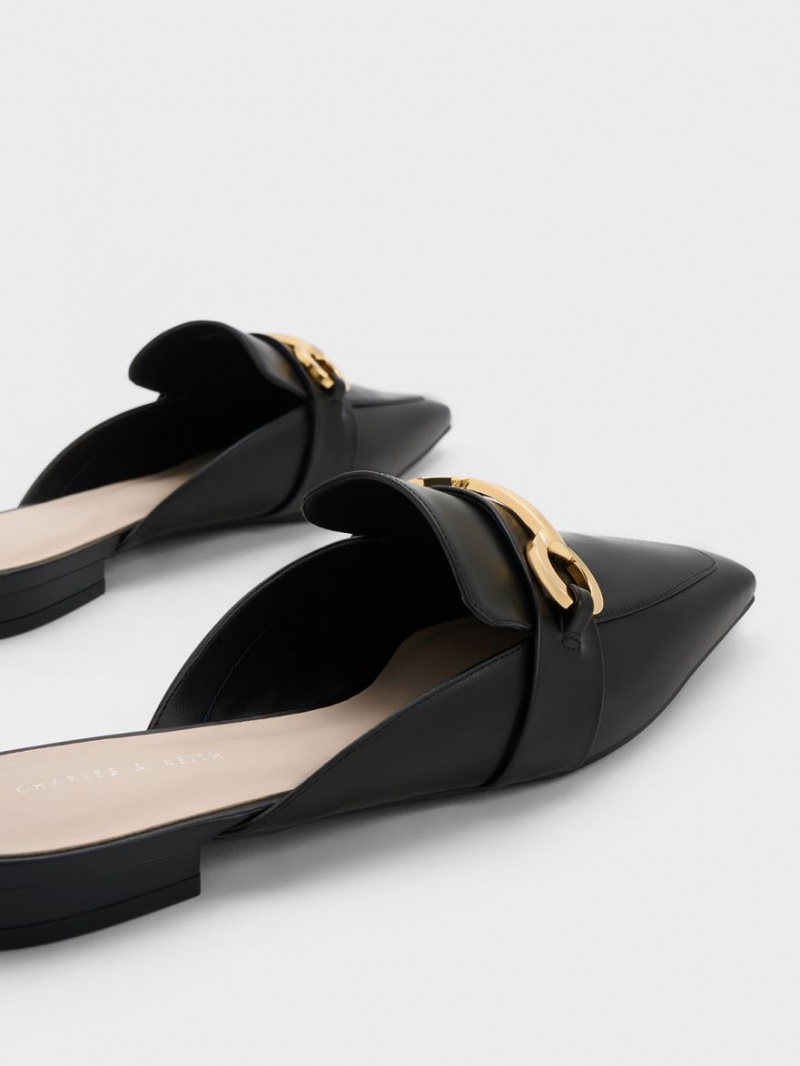 Charles And Keith Metallic Accent Tapered Flat Mules Black | PHILIPPINES B269