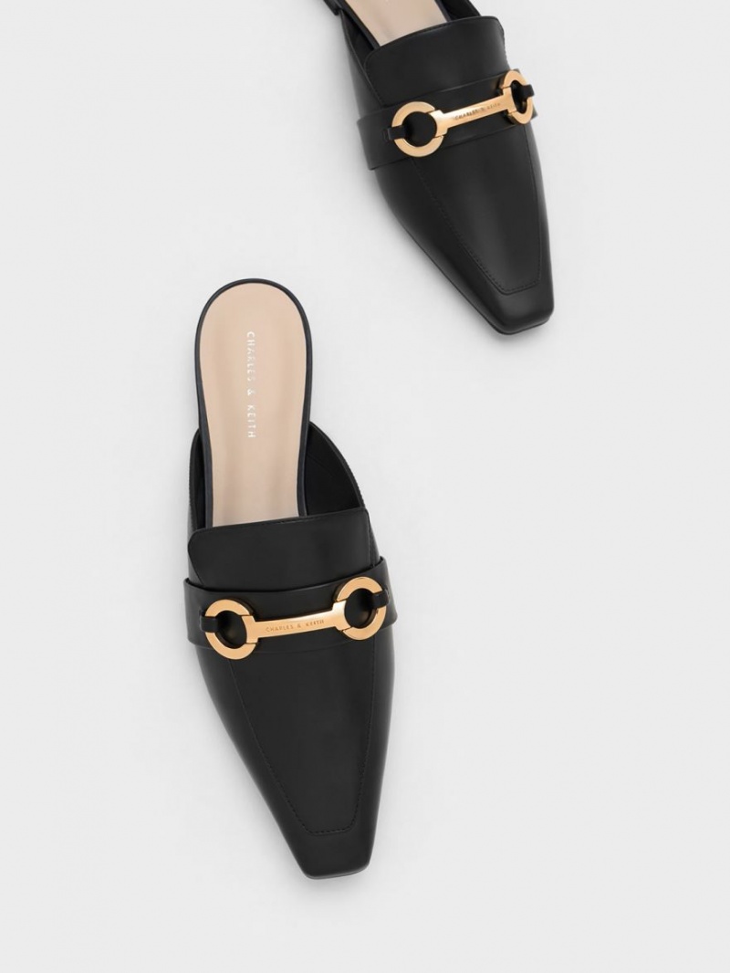 Charles And Keith Metallic Accent Tapered Flat Mules Black | PHILIPPINES B269