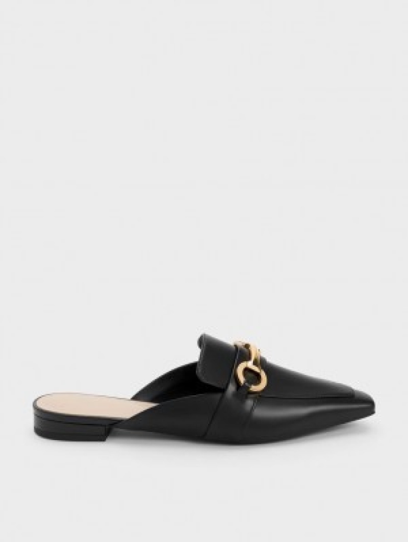 Charles And Keith Metallic Accent Tapered Flat Mules Black | PHILIPPINES B269