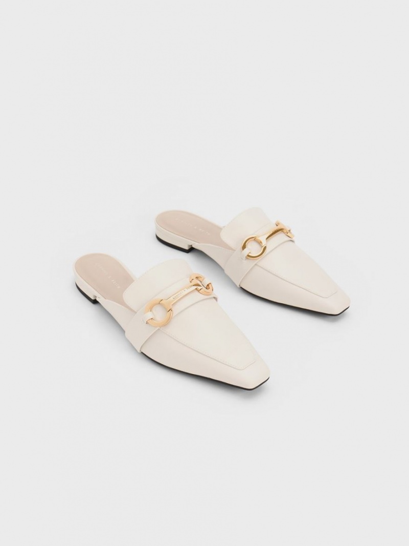 Charles And Keith Metallic Accent Tapered Flat Mules White | PHILIPPINES J451